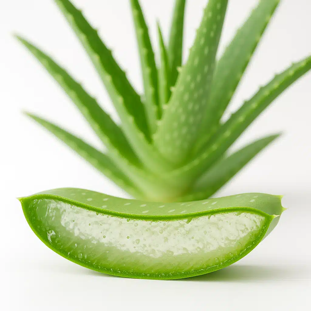 Fresh aloe vera leaf cut open showing clear gel with whole aloe plant in background, natural healthcare and botanical treatment concept, bright and clean photography style