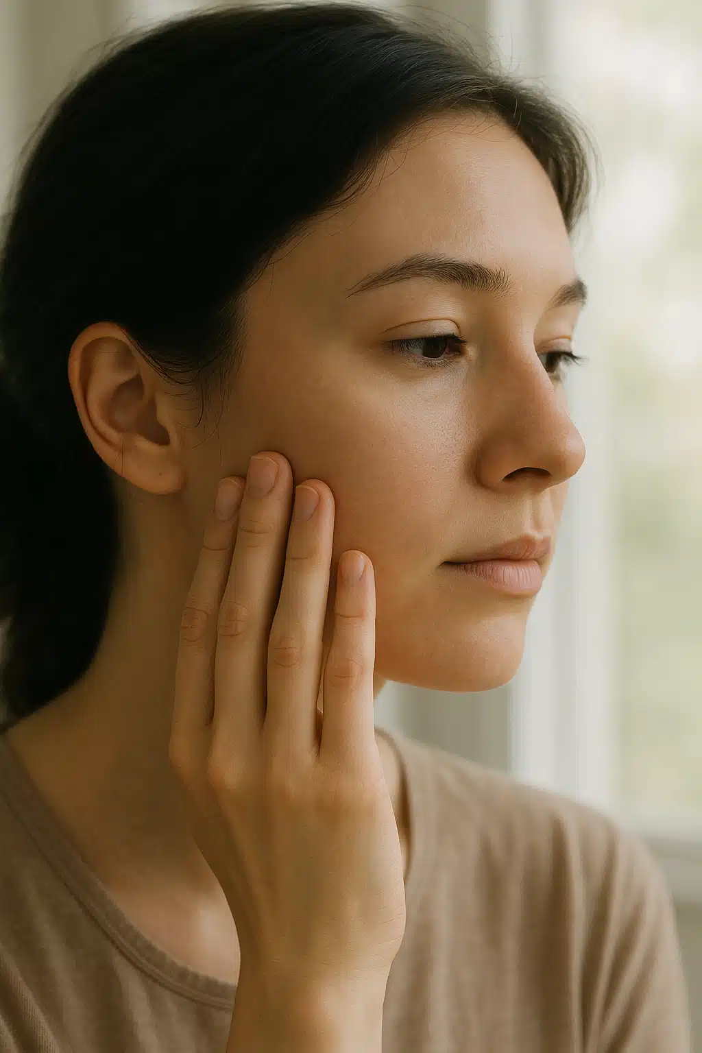 Side profile of a person touching their cheek gently, smooth skin texture, natural daylight, calm and contemplative mood