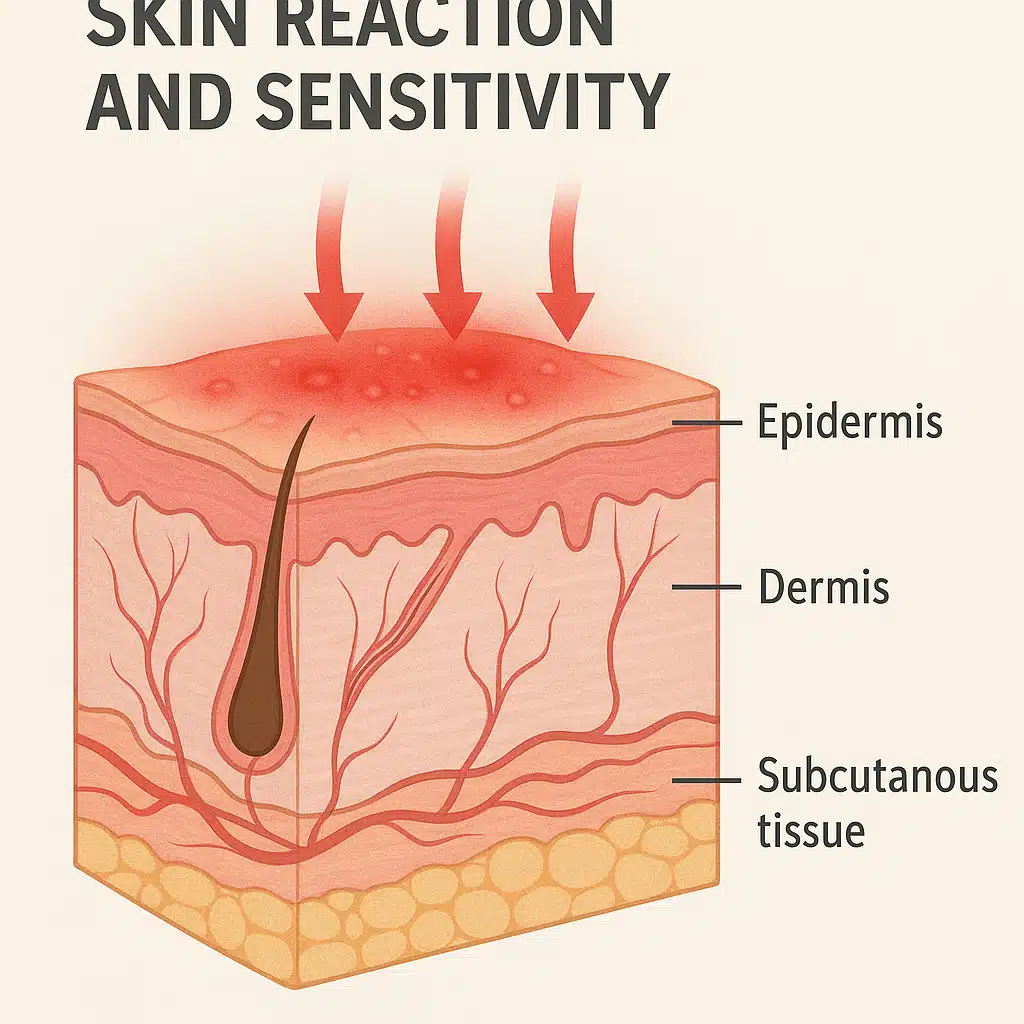 Medical illustration showing skin reaction and sensitivity, educational diagram style, showing layers of skin with irritation indicators, professional medical graphics aesthetic