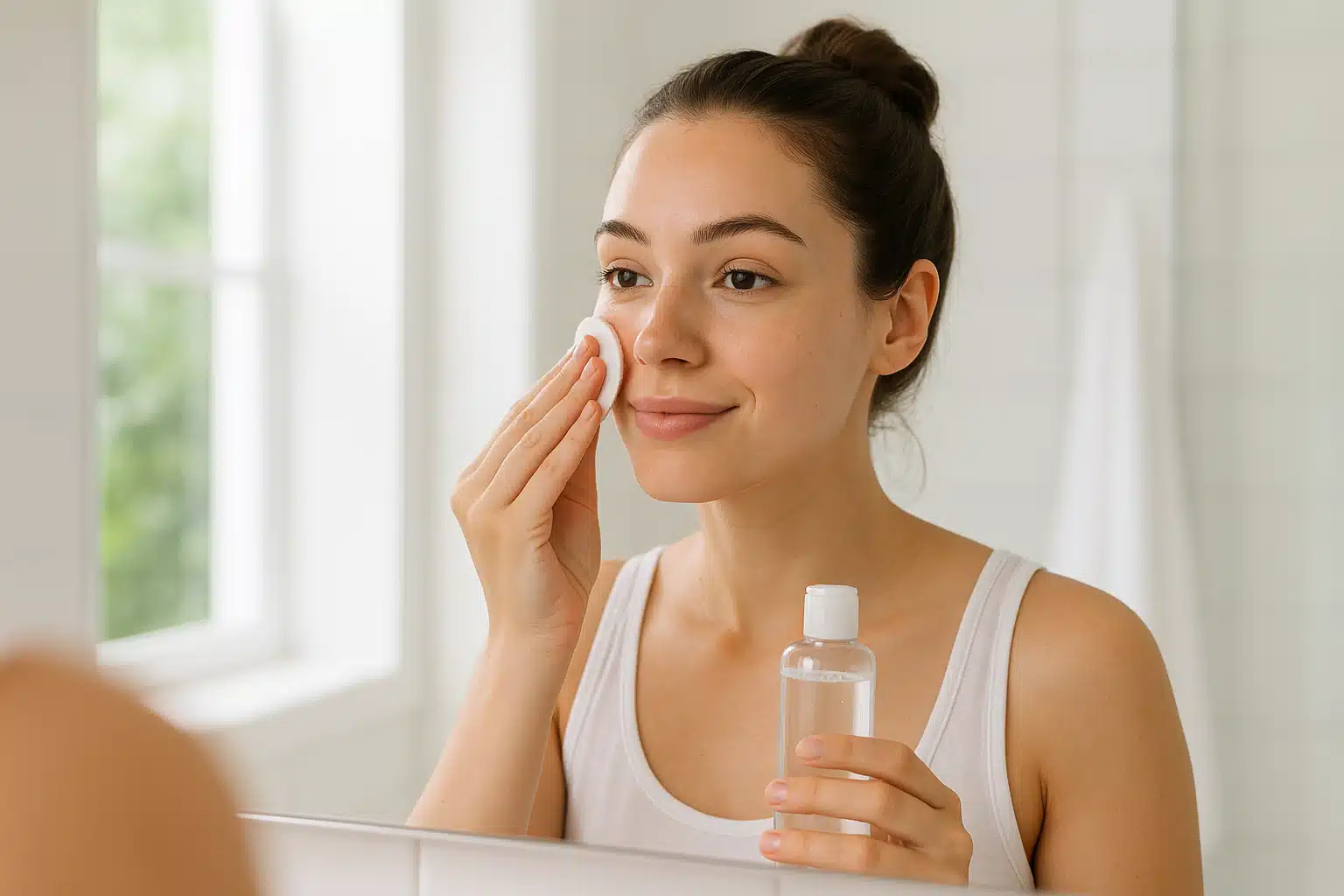 Woman applying facial toner with a cotton pad in front of a mirror, bright bathroom setting, fresh and clean skincare routine