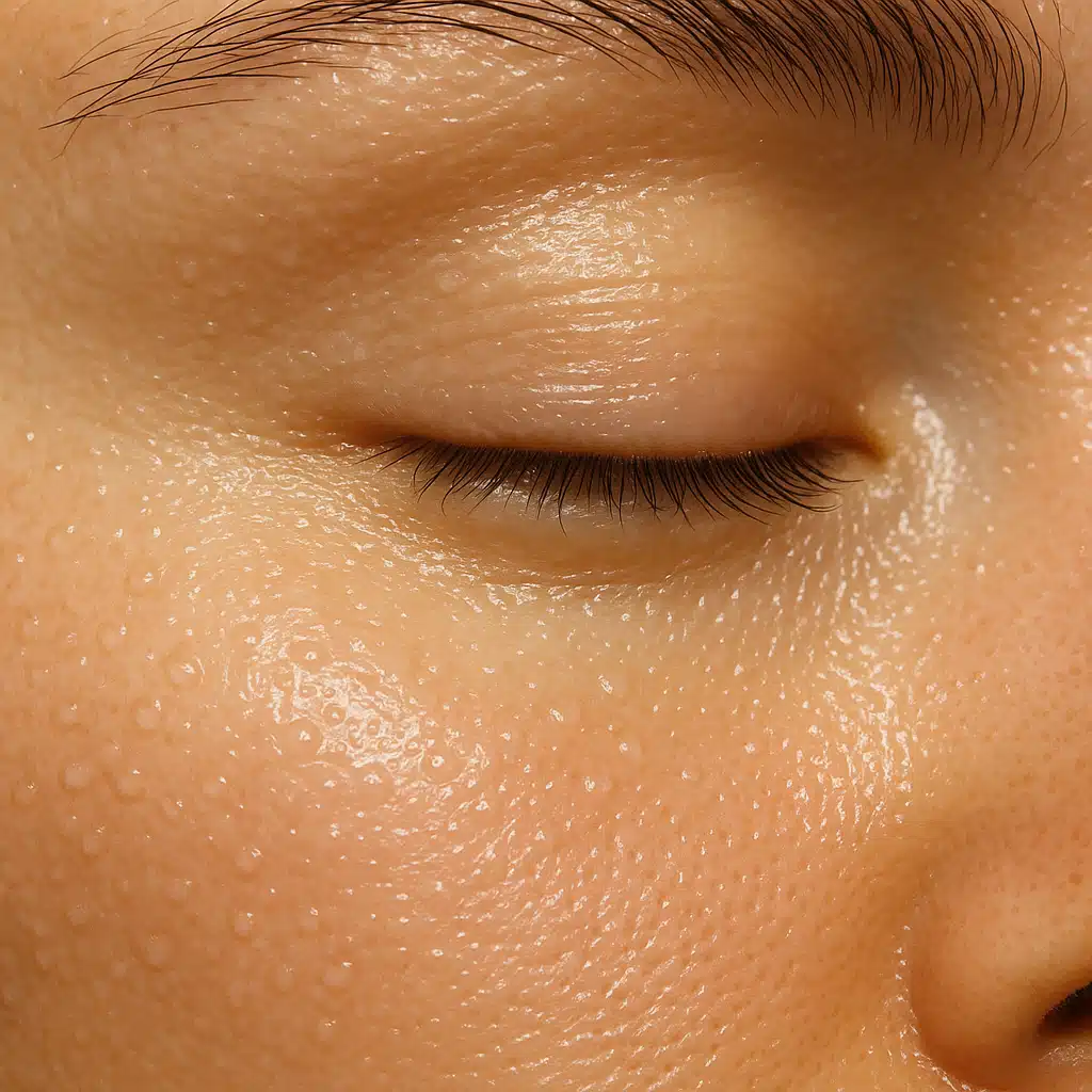 Detailed macro shot of hydrated, plump skin texture around eye area, dewy appearance, natural lighting, skincare science visualization