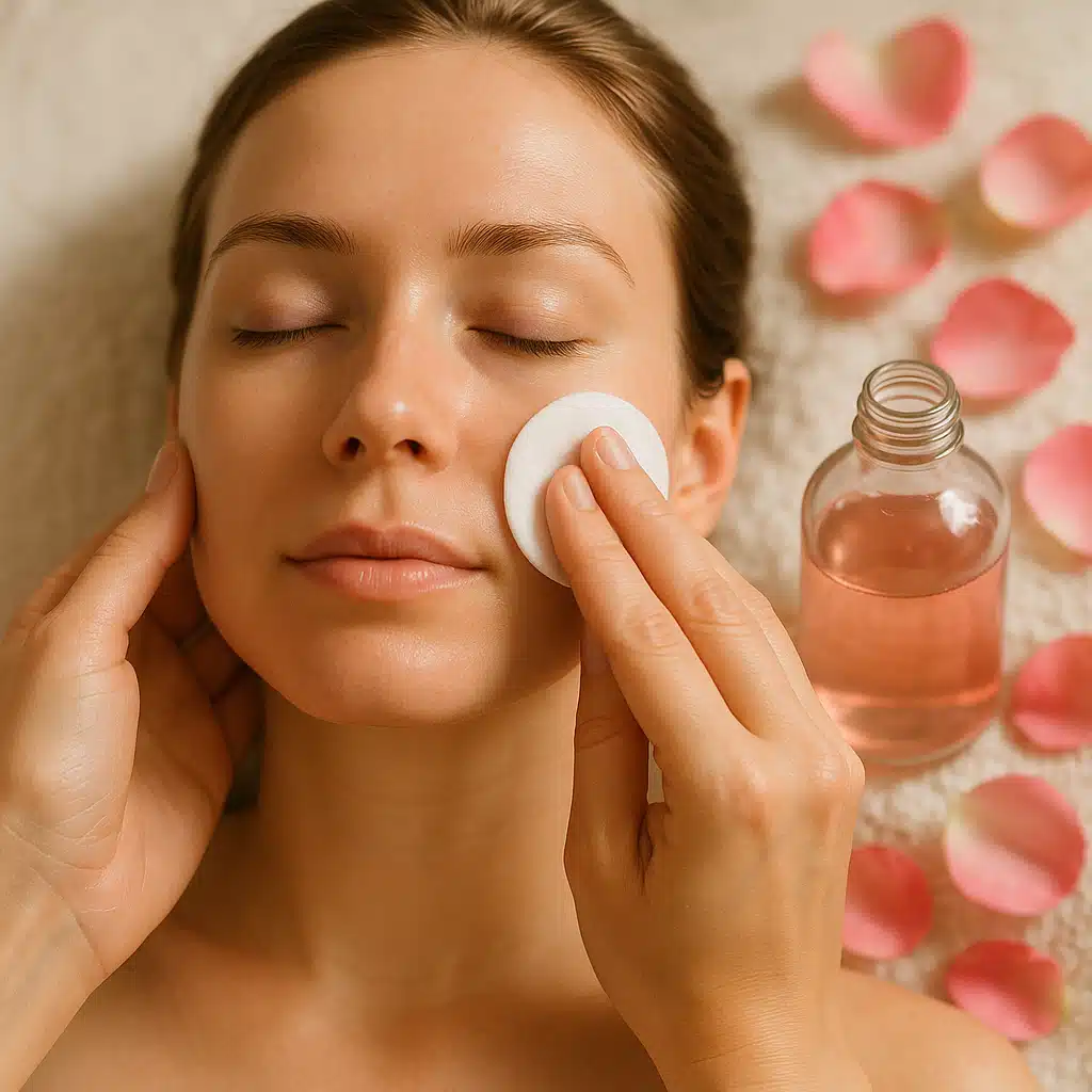 Hands gently applying rose water to facial skin with a cotton pad, soft natural lighting, spa-like setting with rose petals in background