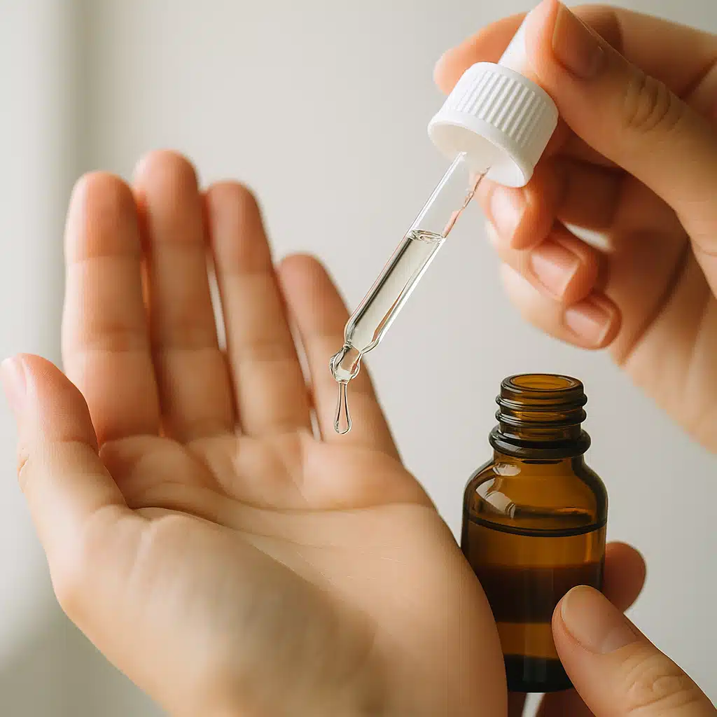 Hand applying serum from a dropper bottle onto fingertips, close-up shot, clean and modern aesthetic, skincare application demonstration, soft natural lighting