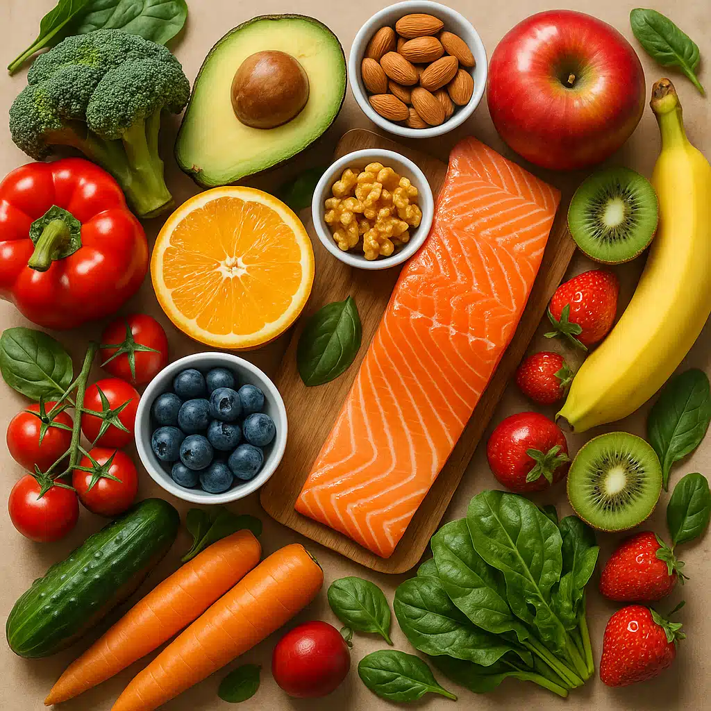 Colorful array of fresh fruits, vegetables, nuts, and fish arranged on a table, vibrant healthy foods rich in vitamins and omega-3 fatty acids, nutrition for skin health concept, top-down view, natural lighting
