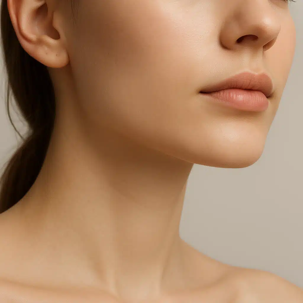 Close-up of lower face and jawline, clear skin with subtle contour, soft studio lighting, clean and professional aesthetic