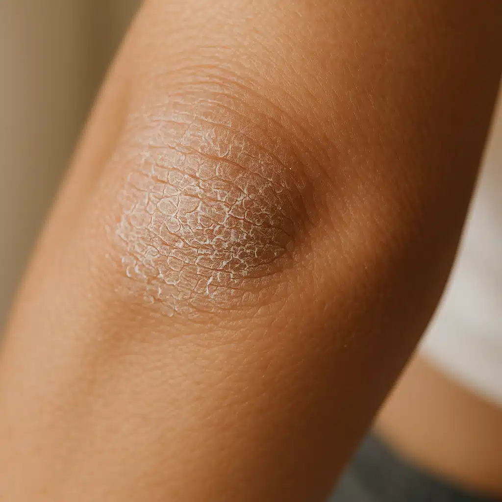 Close-up of dry skin on elbows or knees with visible texture and flakiness, natural indoor lighting, skincare treatment concept