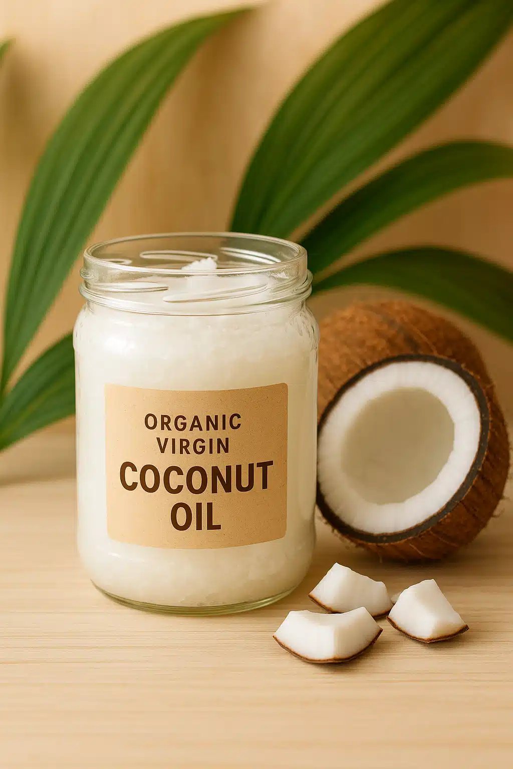 Jar of organic virgin coconut oil with fresh coconut pieces and tropical leaves on a light wooden surface, natural beauty and wellness product styling, warm and inviting atmosphere