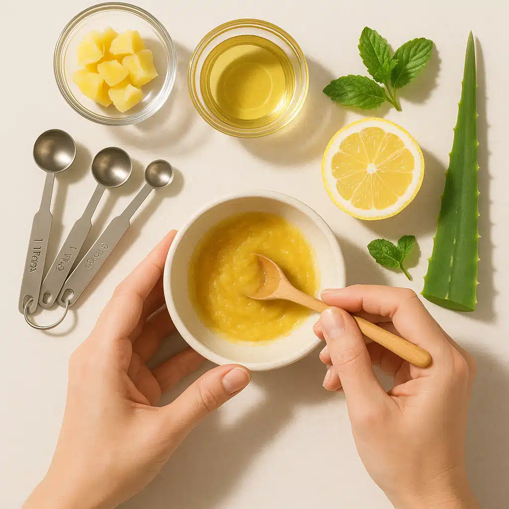 Hands preparing a natural skincare mixture in a small bowl with measuring spoons and fresh ingredients on a clean countertop, organized and methodical approach, bright natural lighting