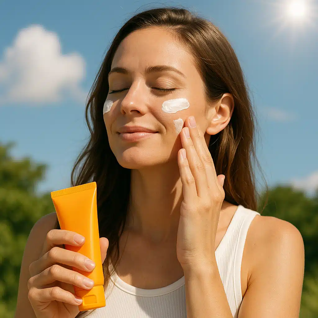 Woman applying sunscreen to her face outdoors, bright sunny day, skincare and sun protection concept, natural and healthy lifestyle aesthetic