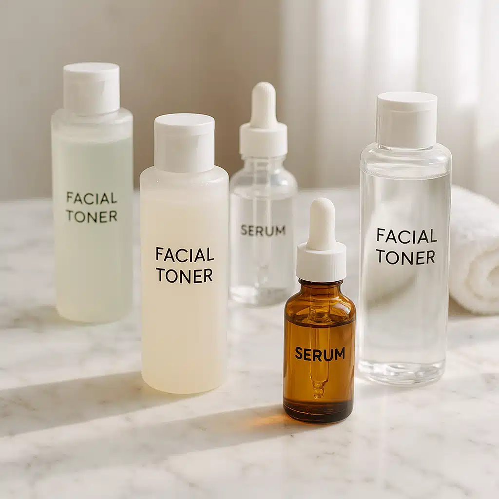 Assortment of facial toner bottles and serums arranged on a marble countertop, soft natural light, spa-like atmosphere, professional skincare display