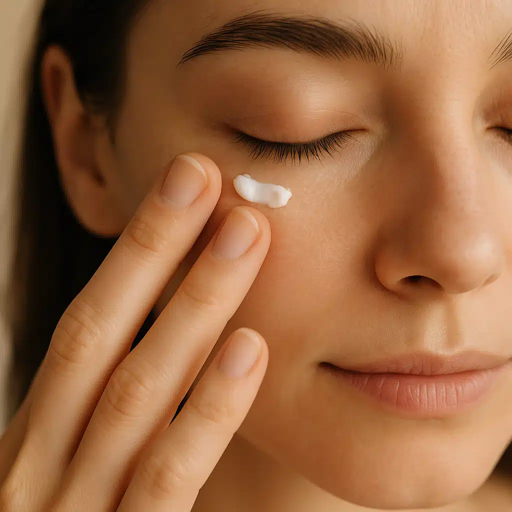 Person gently applying eye cream with ring finger, close-up of proper application technique, soft natural lighting, self-care and wellness concept