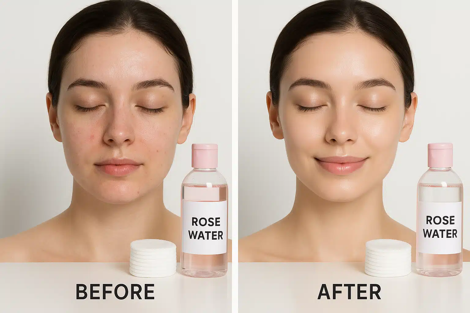 Before and after comparison of clear, glowing facial skin, rose water bottle and cotton pads visible, bright and clean aesthetic