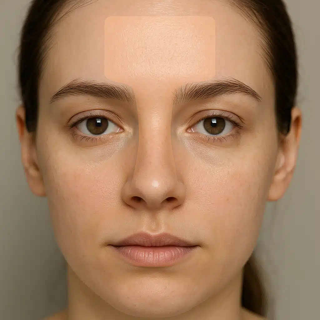 Frontal view of face highlighting forehead and nose area, even skin tone, natural light, educational skincare context