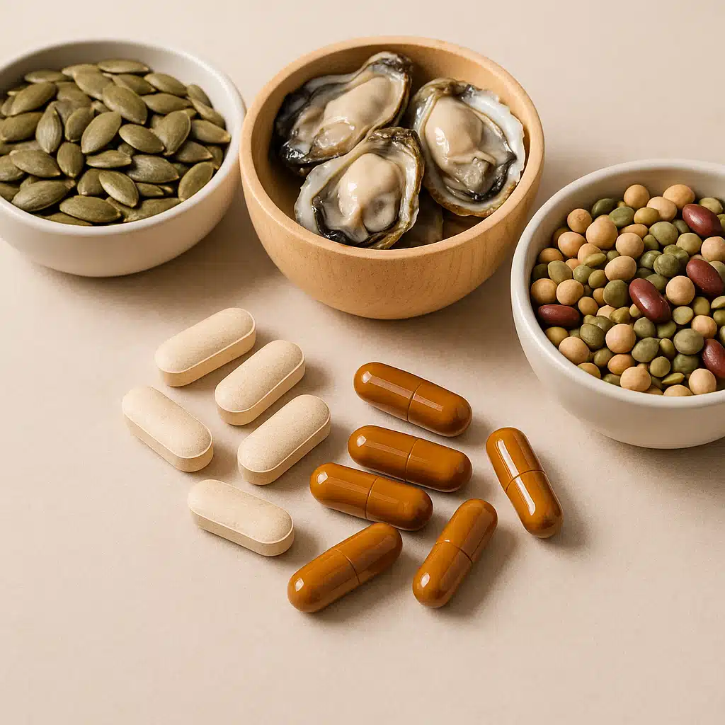 Zinc supplement capsules and tablets next to zinc-rich foods like oysters, pumpkin seeds, and legumes, supplementation for skin health concept, clean product photography, soft lighting