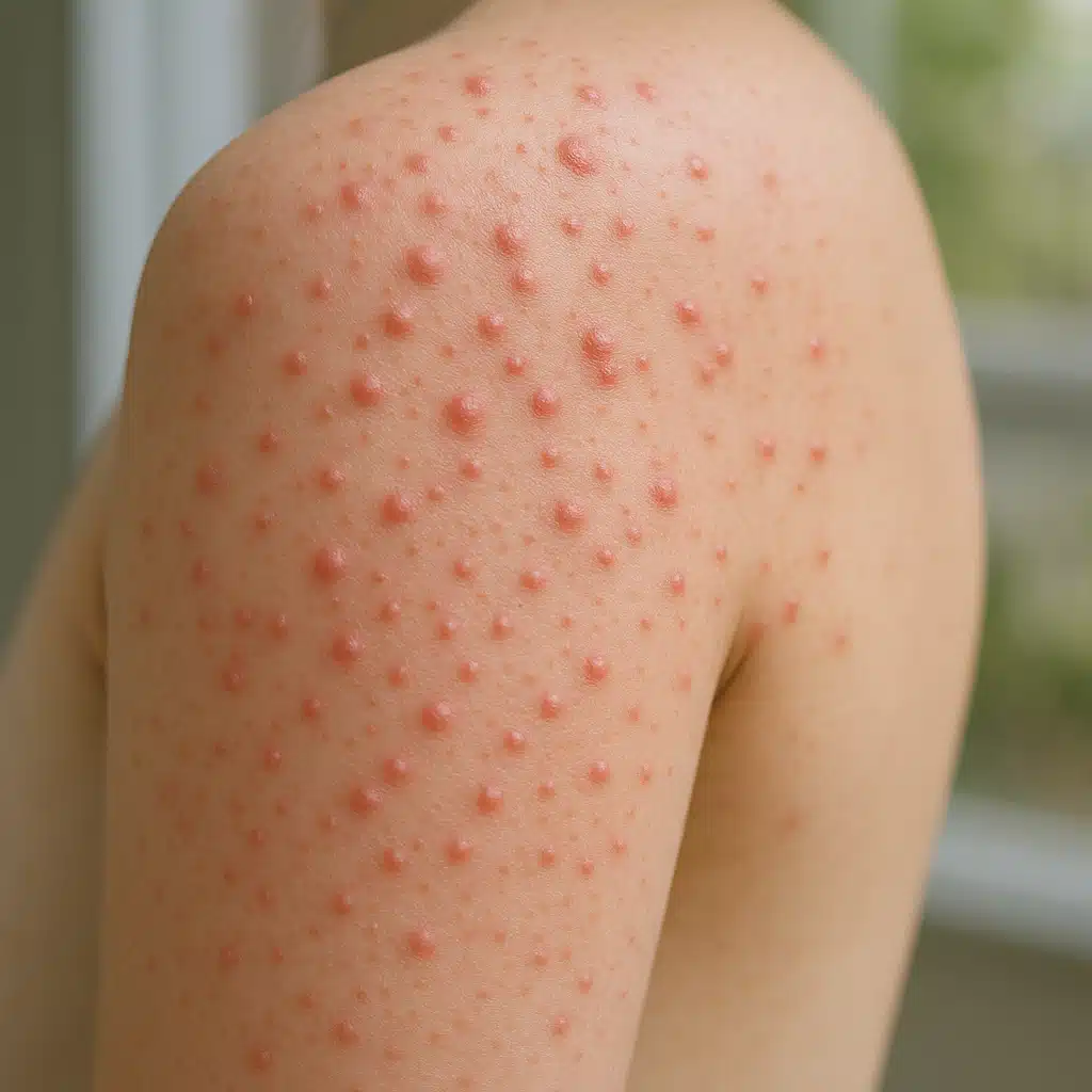 Skin showing small red bumps or hives on arm or shoulder, natural daylight, medical or dermatology context, realistic skin texture