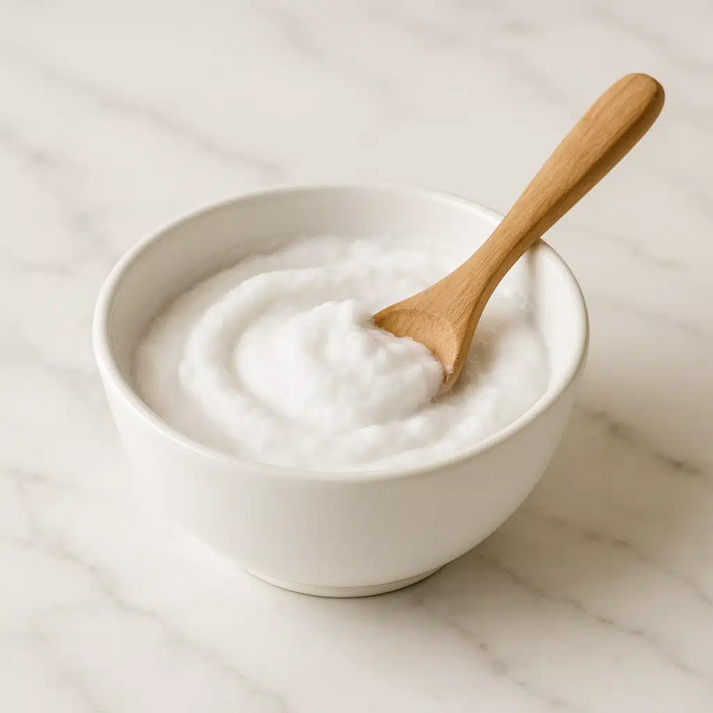 White ceramic bowl containing baking soda paste with wooden spoon, simple natural remedy setup on marble countertop, clean and minimalist styling with soft lighting