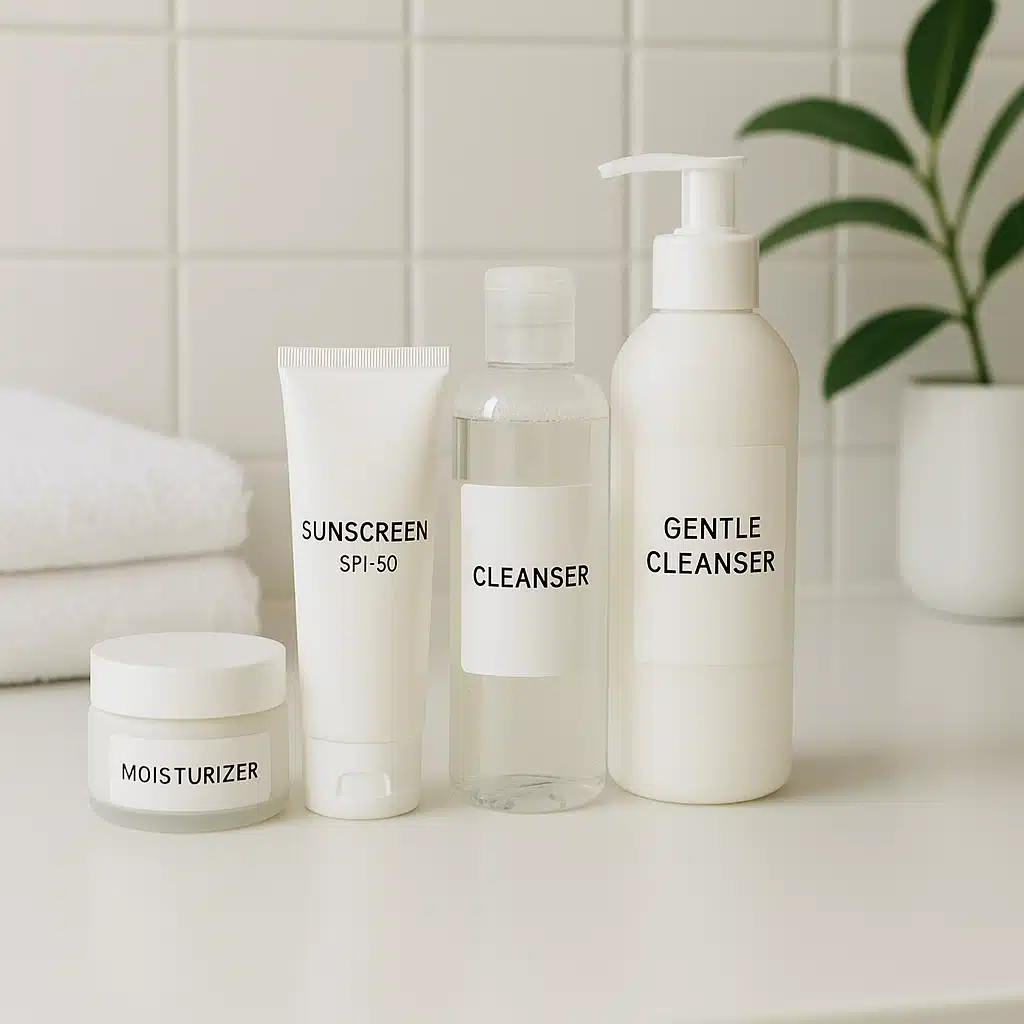 Skincare routine setup showing moisturizer, sunscreen, and gentle cleansing products arranged on a bathroom counter, bright and clean aesthetic, emphasizing proper skincare steps