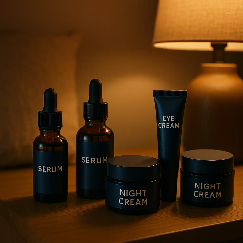 Collection of nighttime skincare products including serum bottles, night cream jars, and eye cream tubes arranged on a bedside table, warm ambient lighting, relaxing evening routine concept