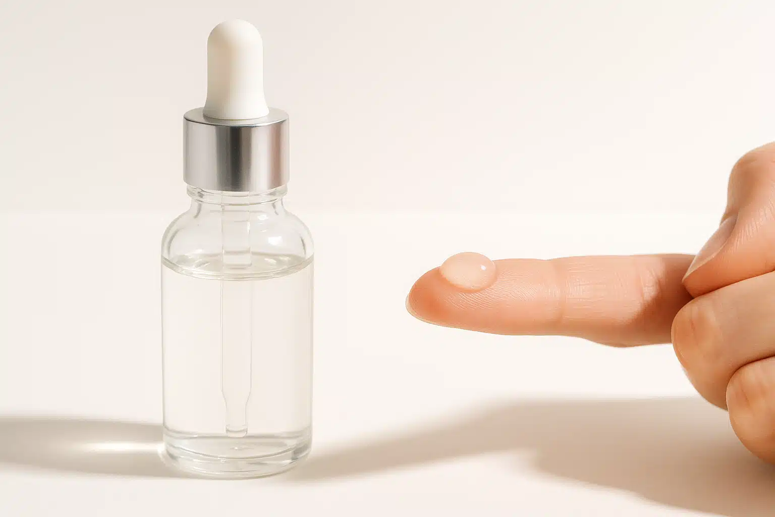 Dropper bottle of clear facial serum with a drop of serum on a fingertip, bright clean background, close-up of skincare product application