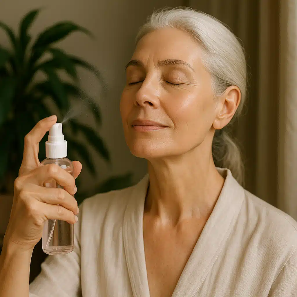 Mature woman with radiant, smooth facial skin applying rose water mist, elegant and natural setting, focus on healthy aging