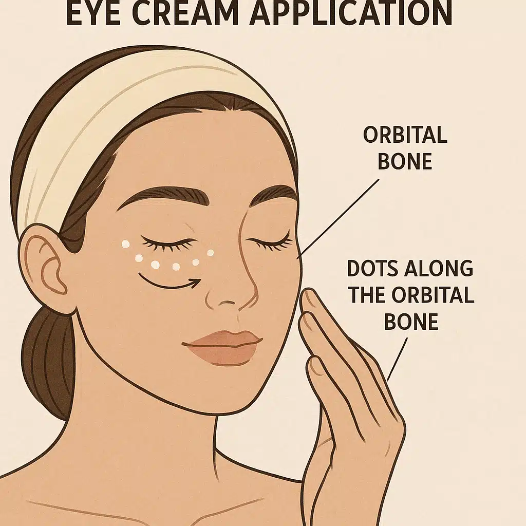 Diagram showing proper eye cream application technique with dots along orbital bone, educational illustration style, clear labels and arrows, skincare tutorial visualization