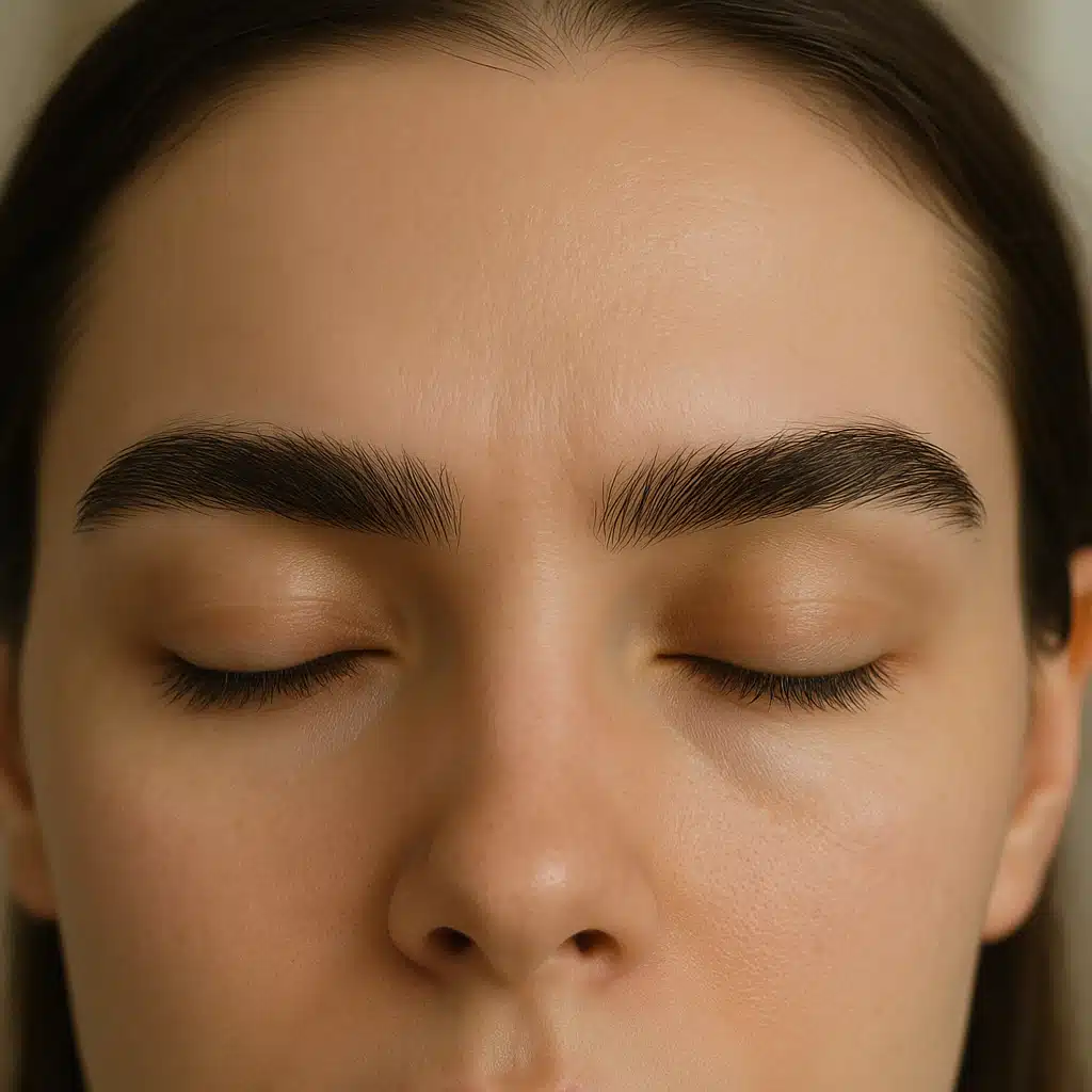 Close-up of upper face focusing on eyebrows and central forehead, smooth skin, natural indoor lighting, calm and clean aesthetic
