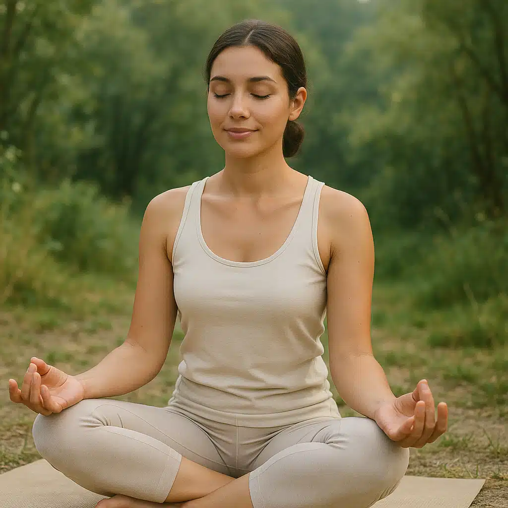 Peaceful woman meditating in a serene environment, yoga pose, calm and relaxed expression, stress reduction and mindfulness concept, natural lighting, tranquil atmosphere