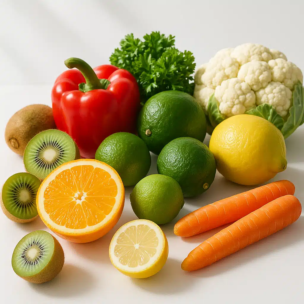 Fresh fruits and vegetables rich in vitamin C arranged on a clean white surface, bright natural lighting, healthy lifestyle and nutrition concept