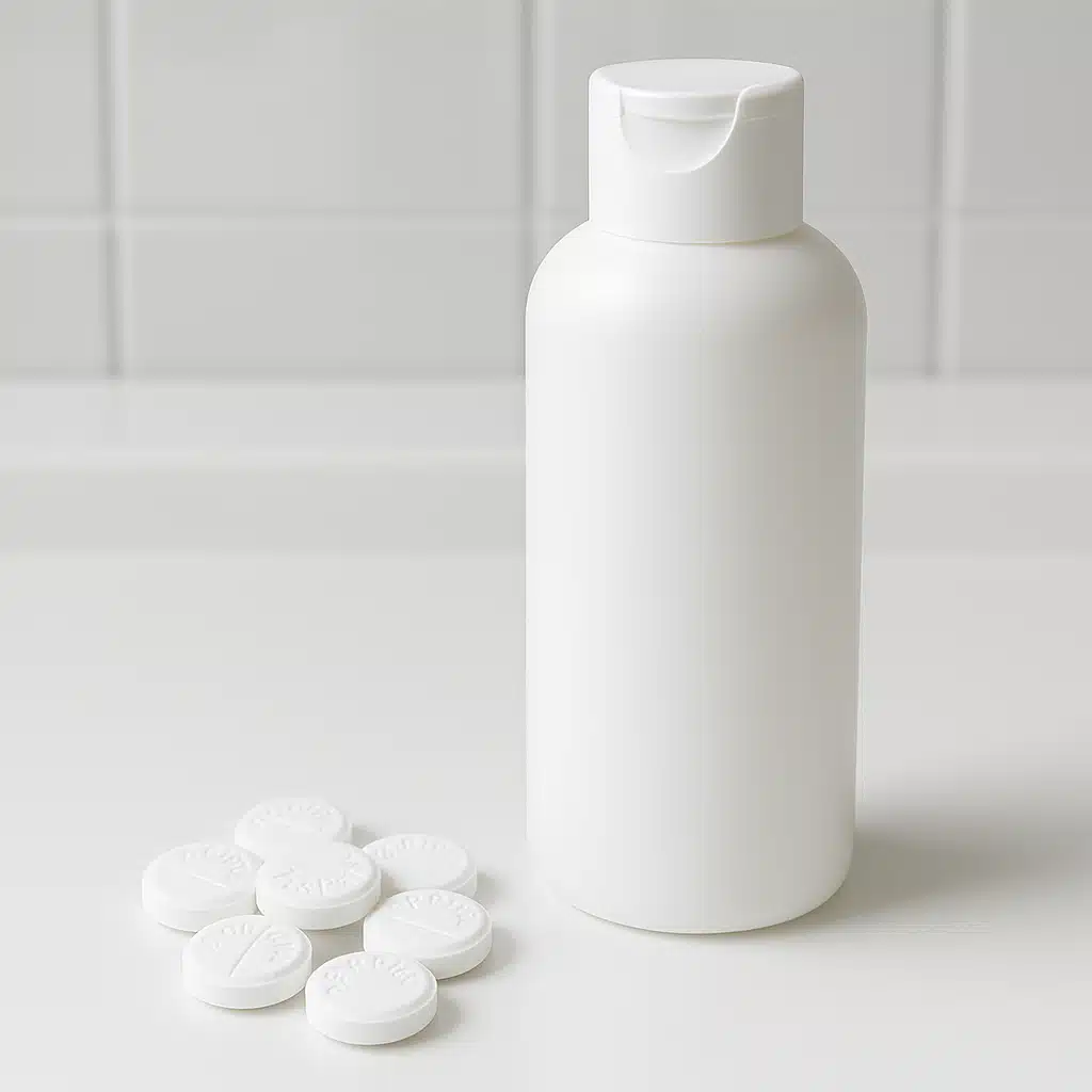 White aspirin tablets beside a shampoo bottle on a clean bathroom counter, healthcare and personal care product composition, bright and clinical aesthetic with professional lighting