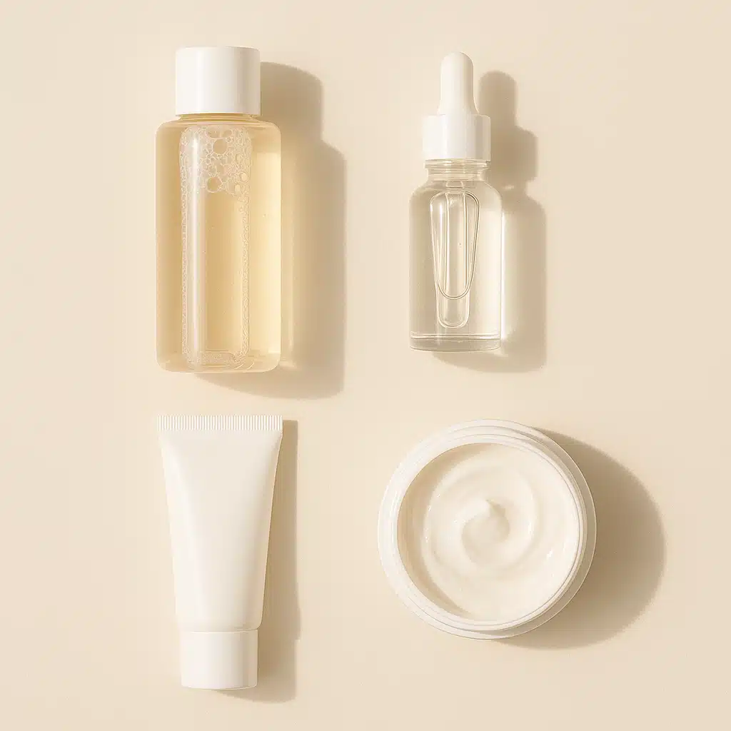 Flatlay of skincare products including toner, serum, and moisturizer on a soft pastel background, minimal aesthetic, clean and organized beauty routine