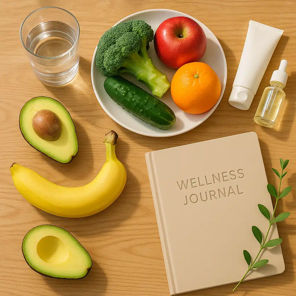 Healthy lifestyle flatlay showing a glass of water, fresh fruits and vegetables, skincare products, and a journal on a wooden table, wellness and self-care concept, bright and inviting atmosphere