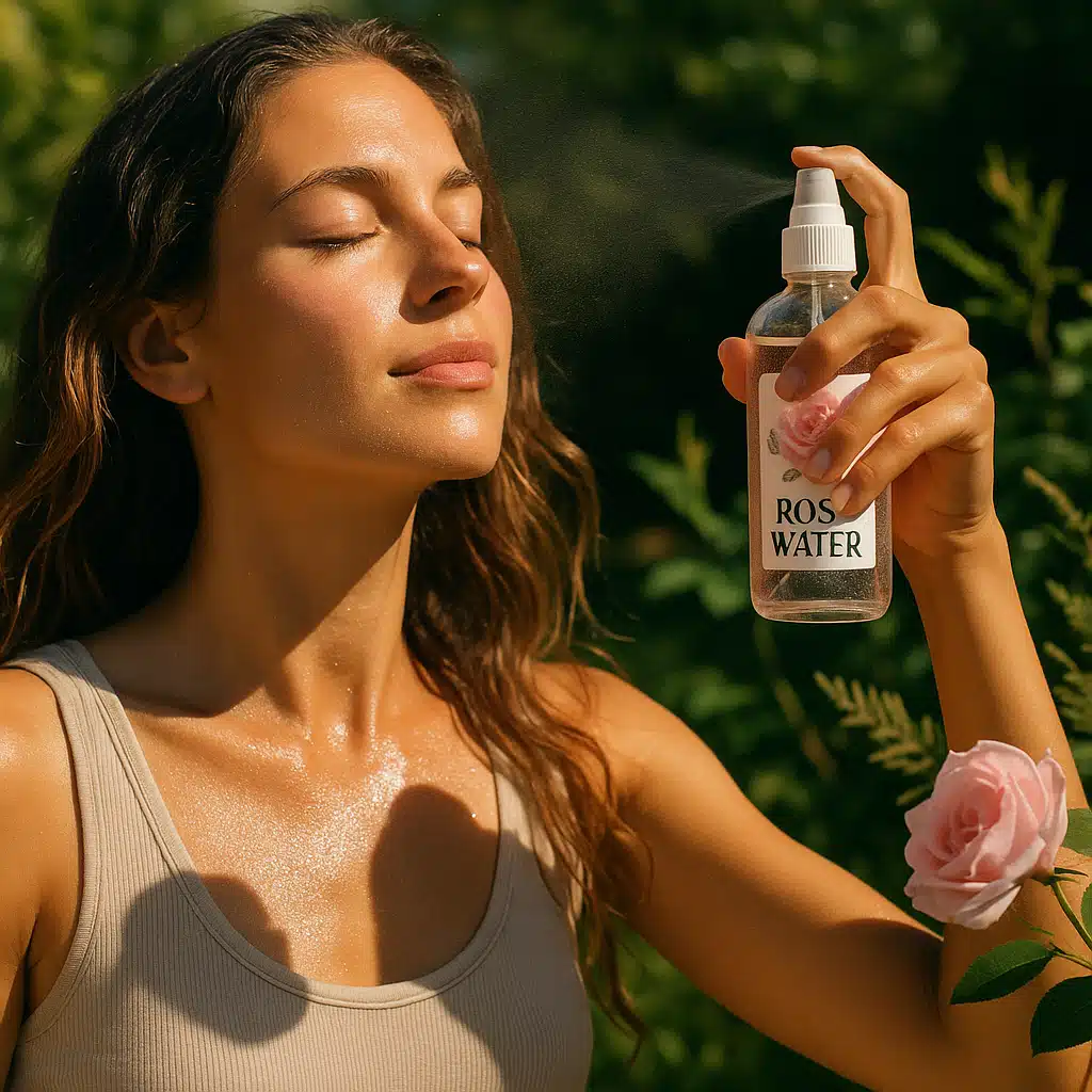 Person spraying cooling rose water mist on sun-kissed skin outdoors, refreshing summer atmosphere, natural sunlight and botanical elements
