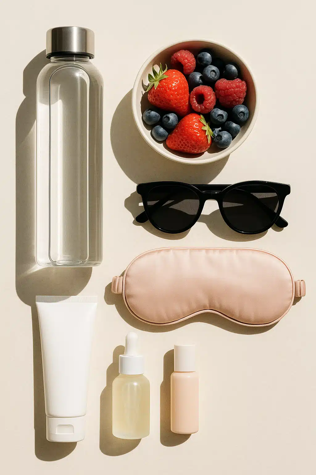Healthy lifestyle flatlay including water bottle, fresh berries, sunglasses, sleep mask, and skincare products, overhead view, wellness and self-care concept, bright natural lighting