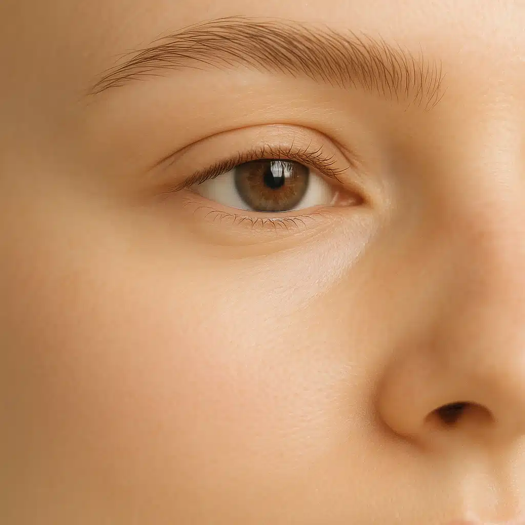 Close-up of eye area with smooth under-eye skin, soft focus, gentle lighting, skincare and wellness theme