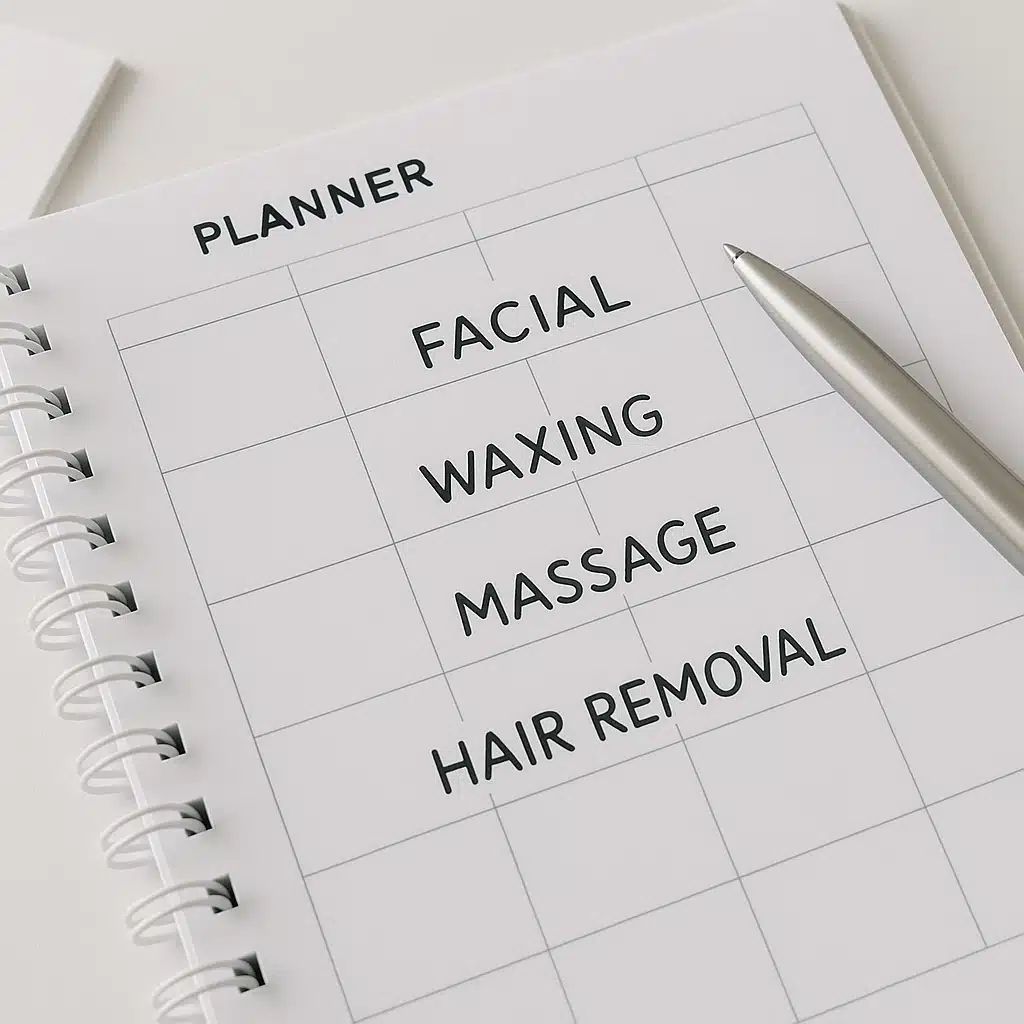 Calendar or planner showing scheduled beauty treatment appointments, organized aesthetic maintenance planning, professional cosmetic treatment scheduling concept, clean and organized aesthetic