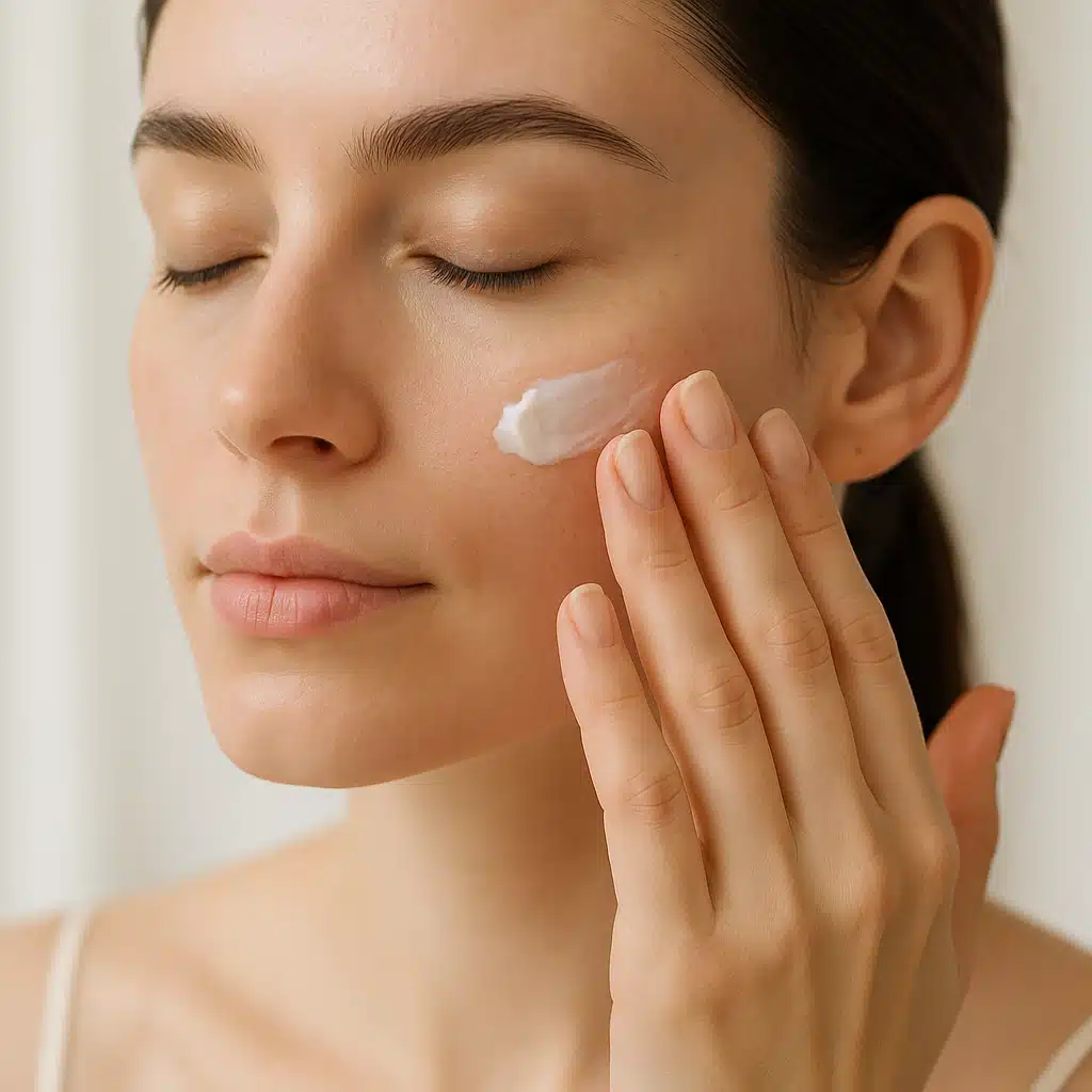 Hand applying moisturizer cream to facial skin, soft natural light, skincare routine concept, clean and professional aesthetic
