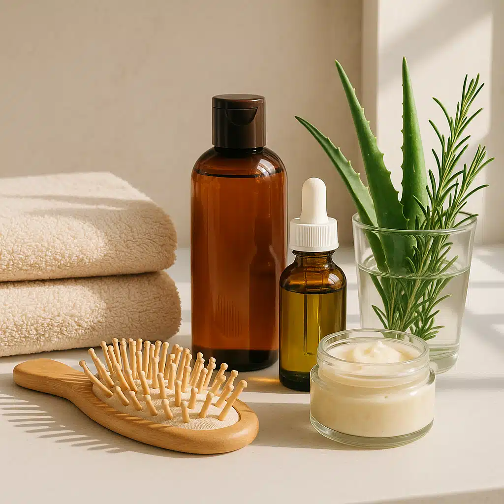 Healthy hair care routine setup with various natural treatment products, clean towels, wooden brush on modern bathroom countertop, lifestyle and wellness photography with natural morning light