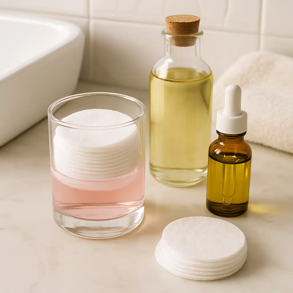 Cotton pads soaked in rose water next to natural oils for makeup removal, clean and minimal bathroom setting, soft lighting