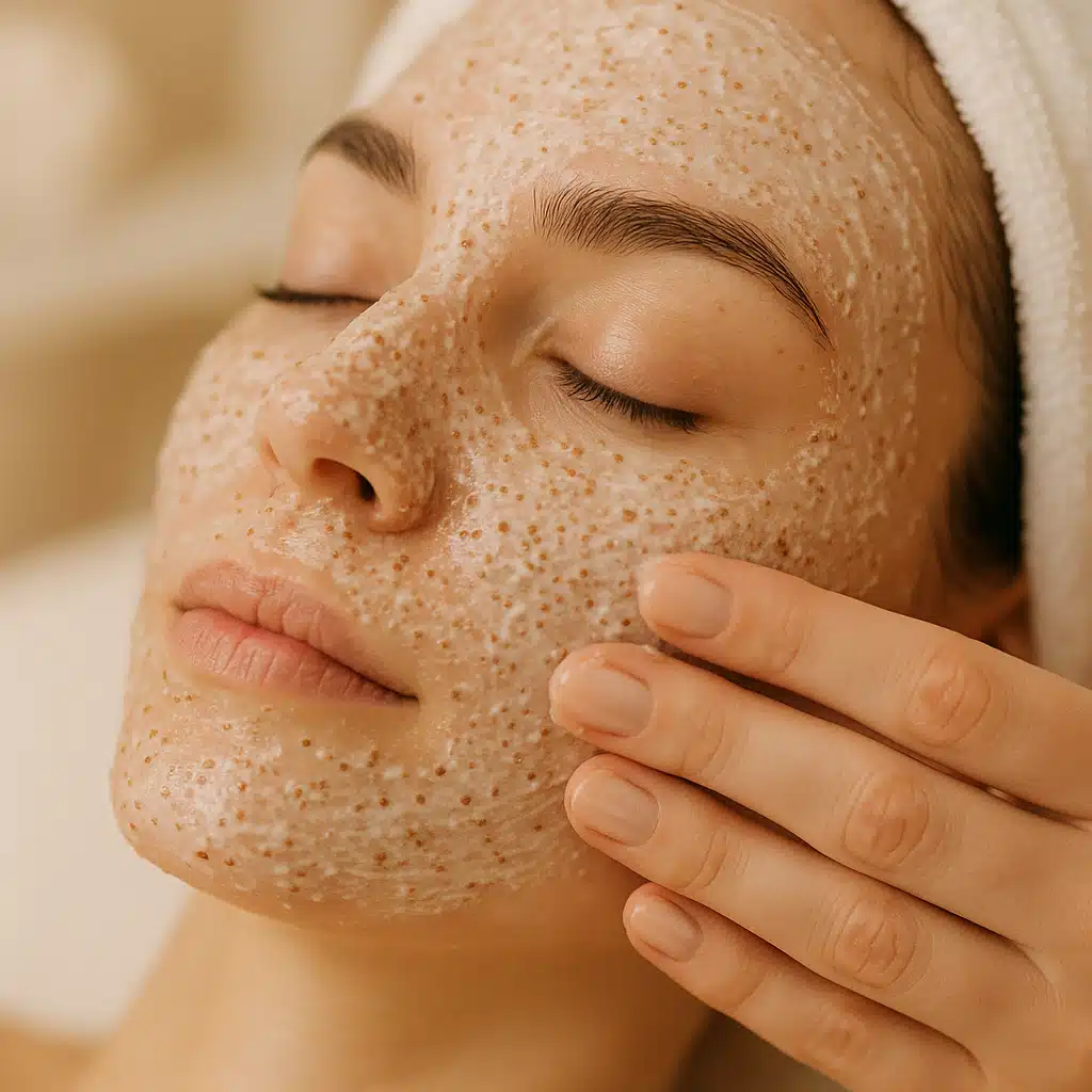 Close-up of facial exfoliation scrub being applied to skin, soft focus, spa-like setting, gentle skincare treatment concept