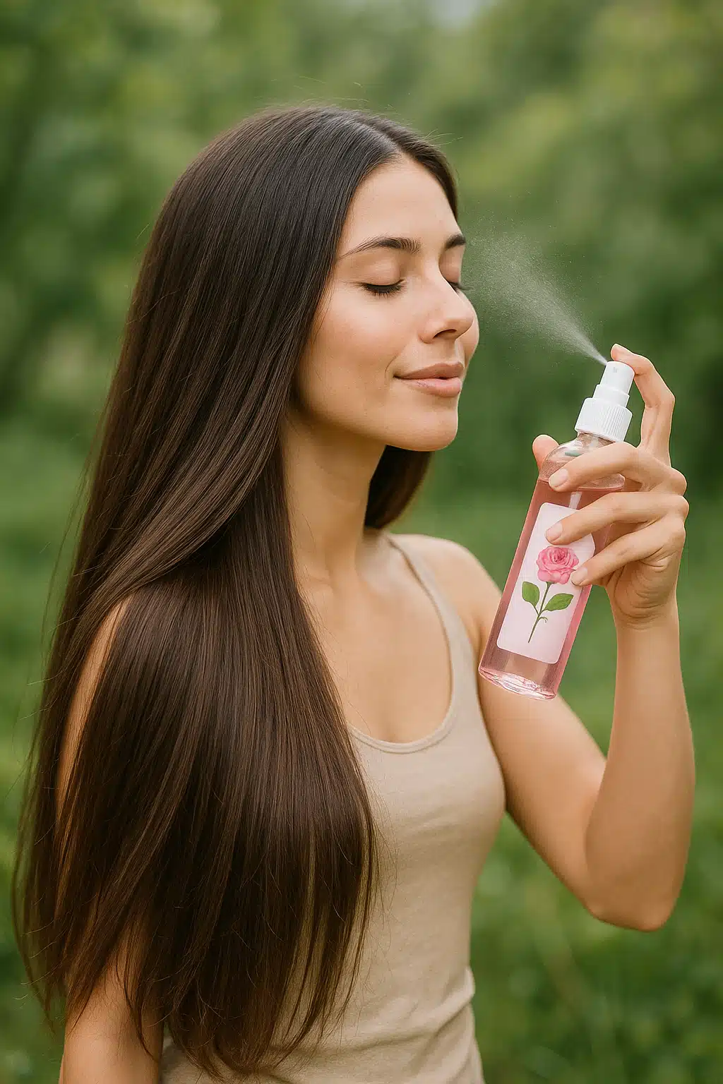 Woman with long, shiny, healthy hair spraying rose water from a bottle, natural outdoor setting with soft focus background