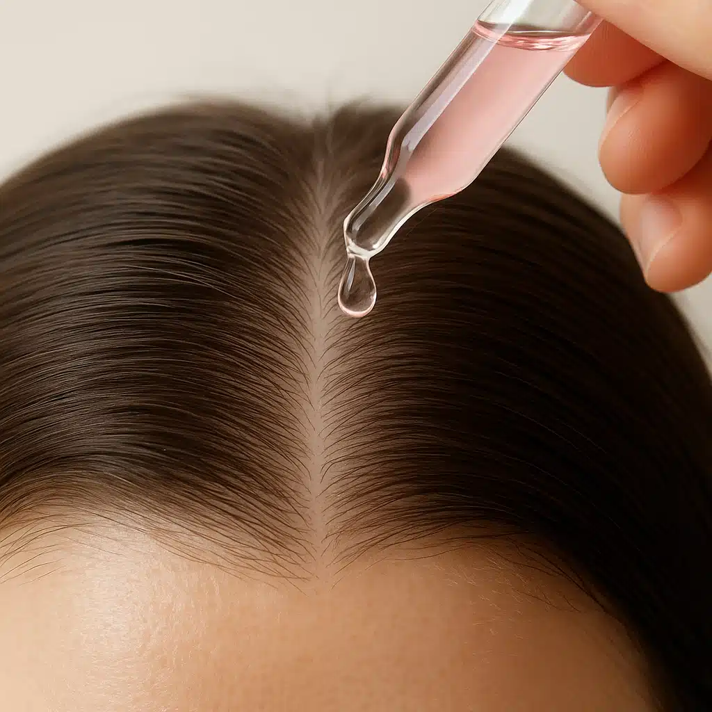 Close-up of healthy scalp with rose water being applied, clean hair roots, clinical yet natural aesthetic, focus on scalp health