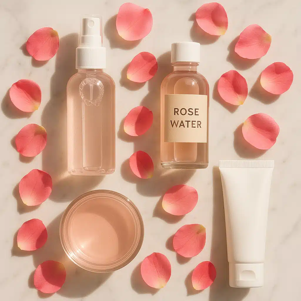 Flat lay of rose water products arranged on marble surface with fresh rose petals, minimalist beauty routine setup, natural morning light