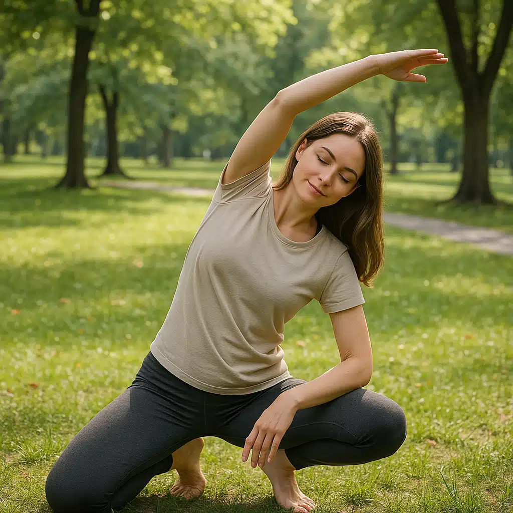 Woman doing gentle yoga stretches or walking in a park, low-impact exercise routine, balanced fitness approach, outdoor wellness activity, healthy lifestyle without excessive intensity
