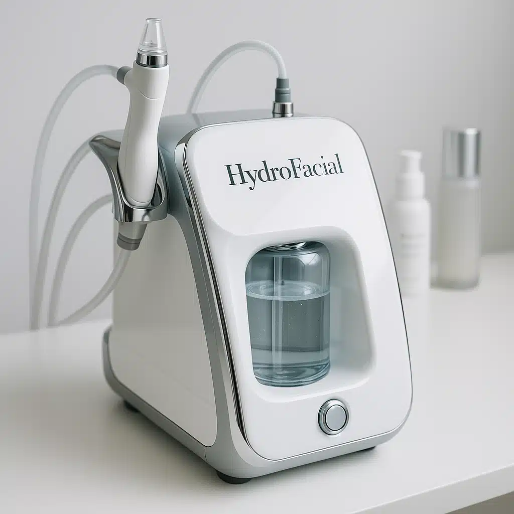 Close-up of a modern hydrofacial device with water-based technology, sleek white and chrome design, positioned on a clean surface with skincare products in soft focus background, professional beauty product photography