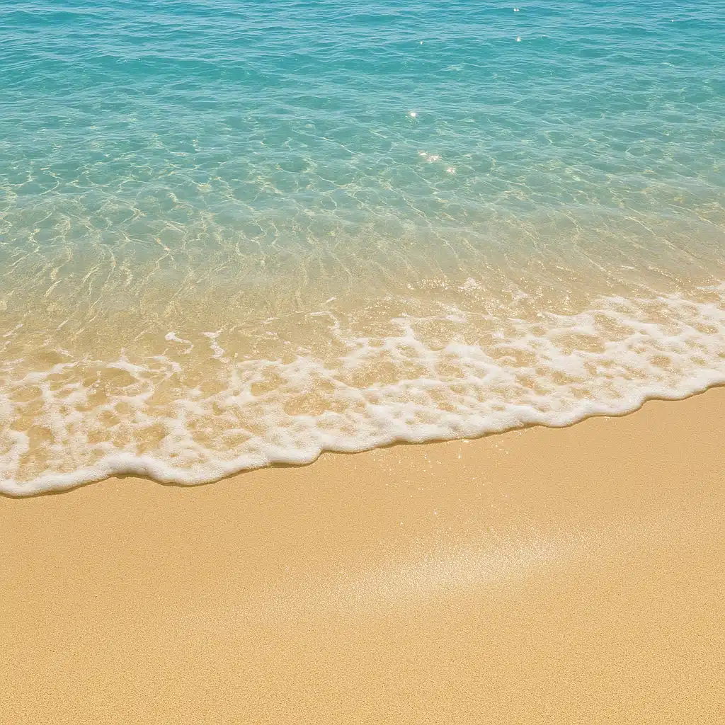 Close-up of clear turquoise ocean water meeting sandy beach shore, natural sunlight reflecting on gentle waves, peaceful coastal atmosphere