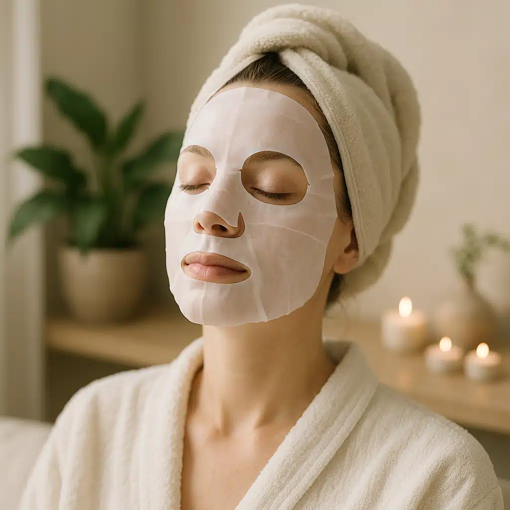 Woman relaxing with a white sheet mask on her face in a calm spa-like setting with soft natural lighting, peaceful atmosphere, skincare and wellness concept
