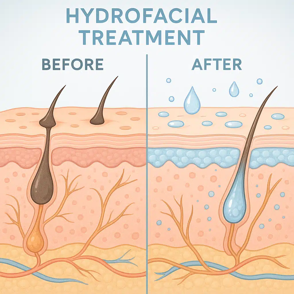 Split-screen illustration showing skin before and after hydrofacial treatment, detailed cross-section view of skin layers, clear pores, hydrated cells, medical illustration style with clean graphics and soft blue tones