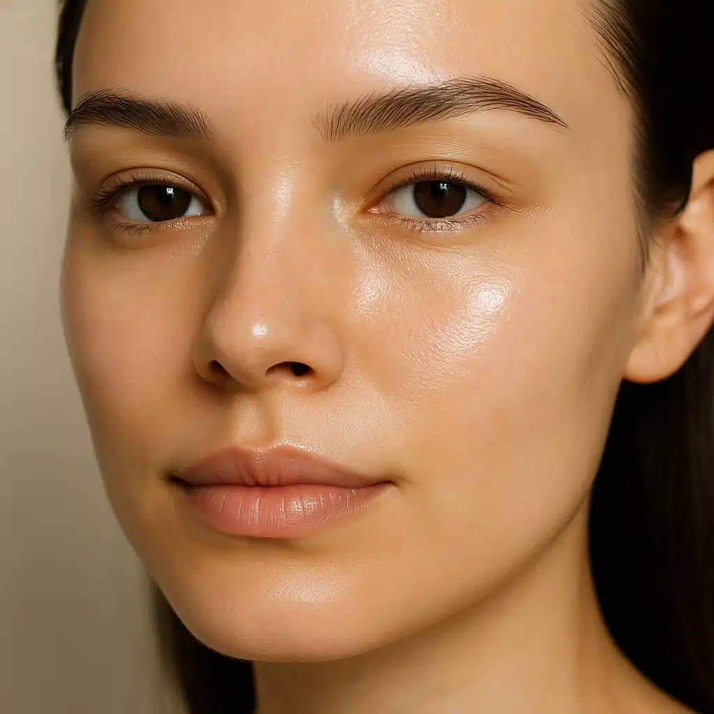 Close-up of healthy, glowing facial skin showing smooth texture and even tone, natural lighting, professional dermatology photography style