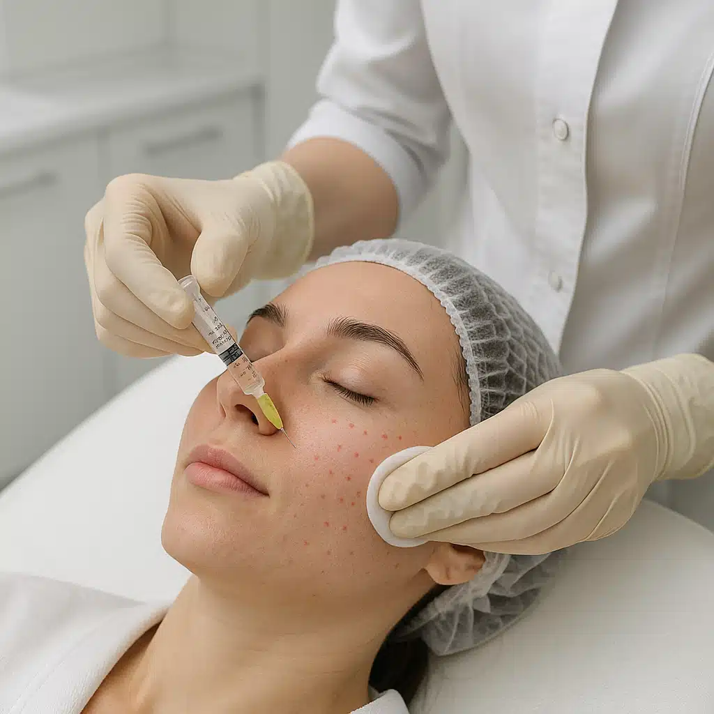 Close-up of a professional administering mesotherapy microinjections to a patient's face in a modern clinical setting, sterile environment with medical precision