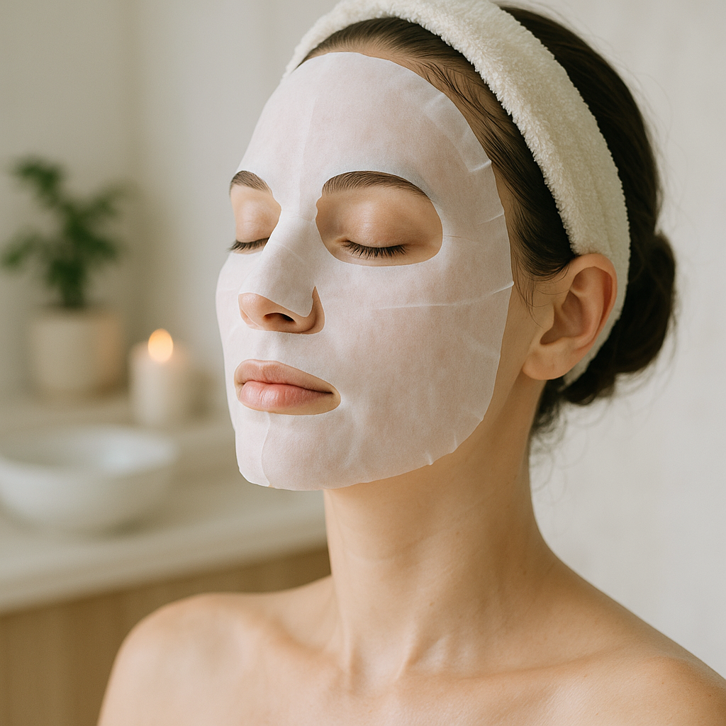 Close-up of a woman's face wearing a white sheet mask, serene spa environment with soft natural lighting, clean and minimalist aesthetic, focus on skincare and self-care